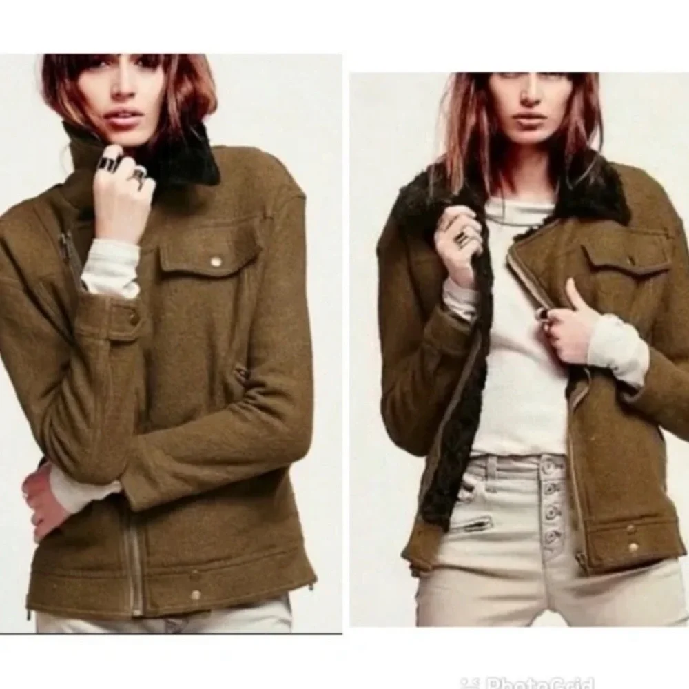 Free People Olive Green Oversized Wool Blend Moto‎ Faux Fur Jacket Size XS